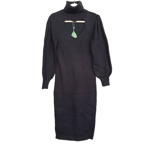 Farm Rio Black Ribbed Knit Heart Cutout Turtleneck Midi Dress Sz M NWT - Picture 4 of 8
